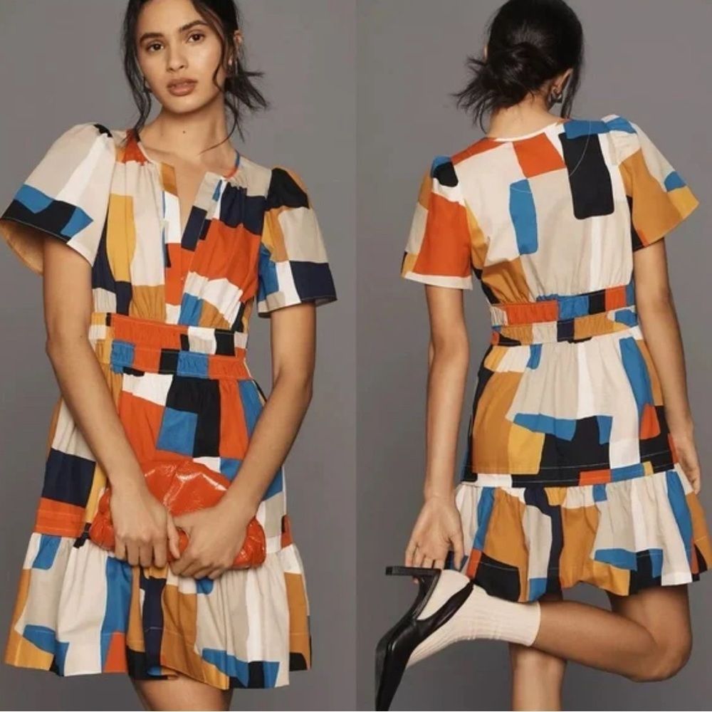 Anthropologie Somerset Mini Dress Novelty Square Print Like New Size Medium - Picture 7 of 14